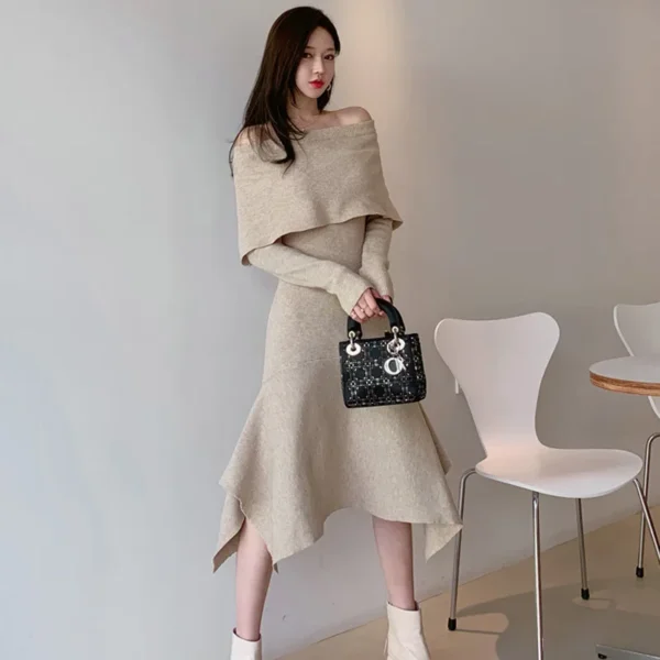 Sweater Dress Women Off Shoulder Knitted Midi - Image 2