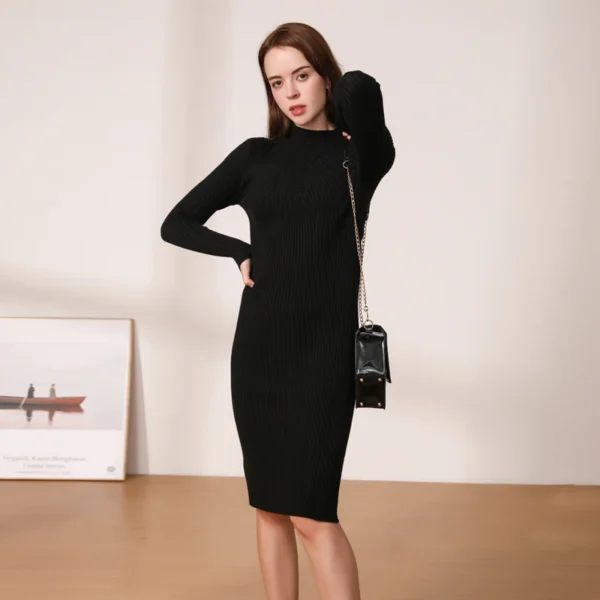 Sweater Dress Winter Knitted Casual Elegant Midi - Image 3