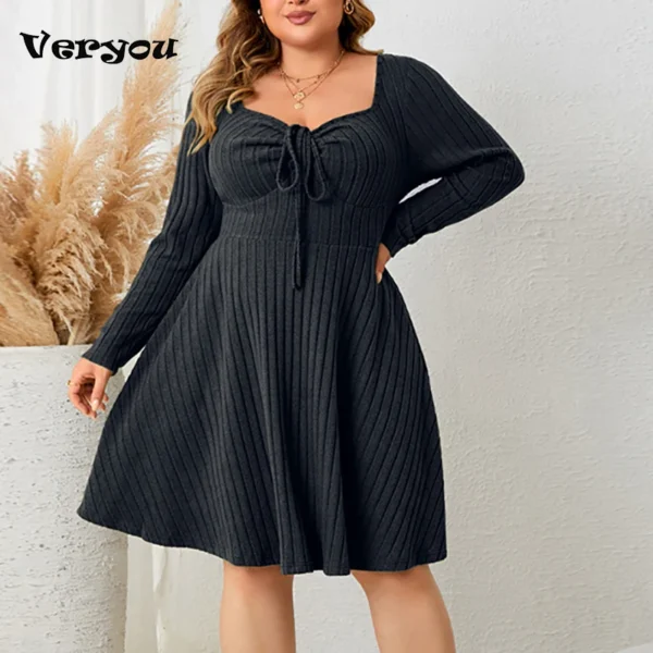 Plus Size Women Knitted Sweater Dress Lace Up Casual Party Dress