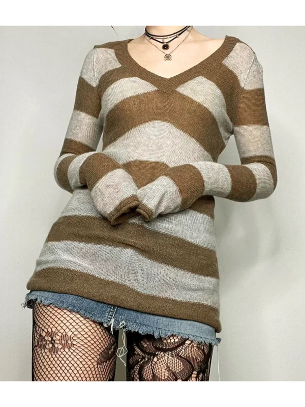 Sweater Dress: V-Neck, Long Sleeve, Striped Slim Fit