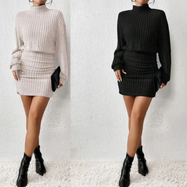 Sweater Dress High Neck Hip Hugging Wool Knit - Image 2