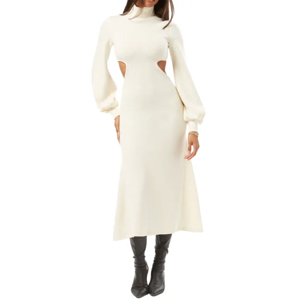 Sweater Dress: Ribbed High Neck, Puff Sleeve, Cutout Waist