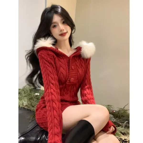 Sweater Dress: Fur Collar Solid Color Hip Dress - Image 2