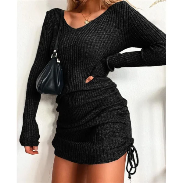 Sweater Dress V-neck Long Sleeved Slim Fit Pleated - Image 4