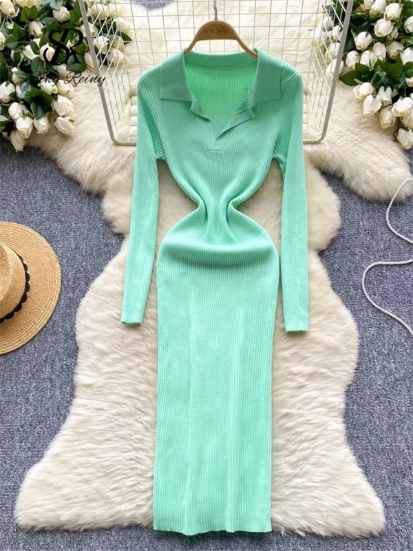 Sweater Dress: French Vintage, Lapel, Bodycon - Image 4