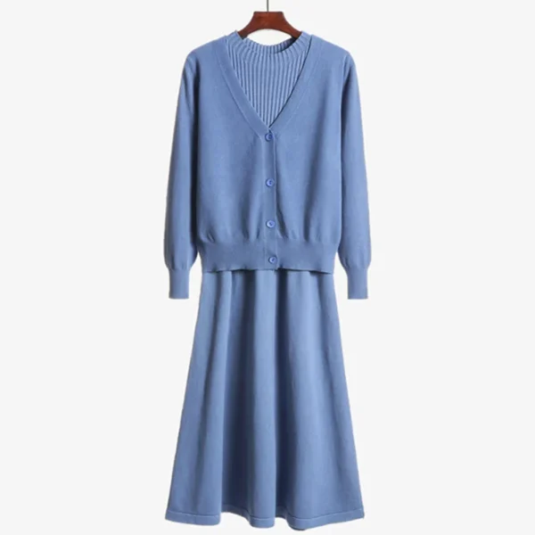 Sweater Dress with Loose Knit Cardigan & Woolen Skirt - Image 4