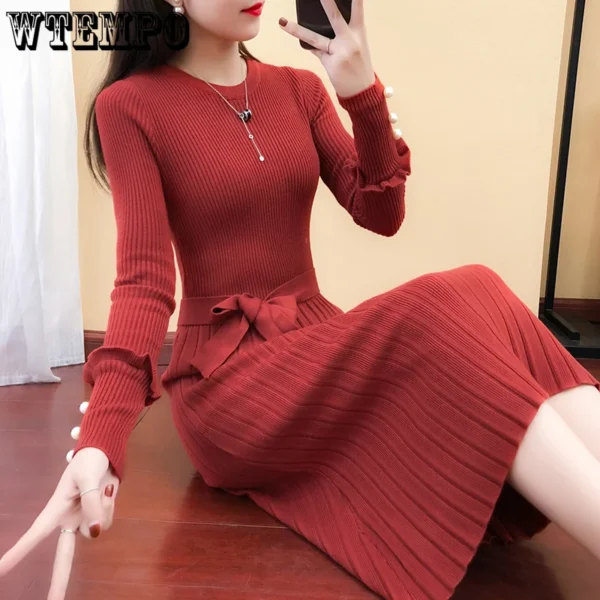 Sweater Dress Slim Belted Long Sleeve Pleated Women