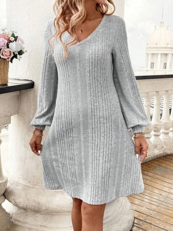 Sweater Dress: V-neck Slim Fit Knee Length - Image 5