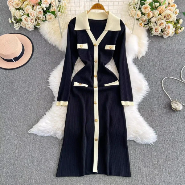 Sweater Dress - Notched Single-Breasted Knitted Style
