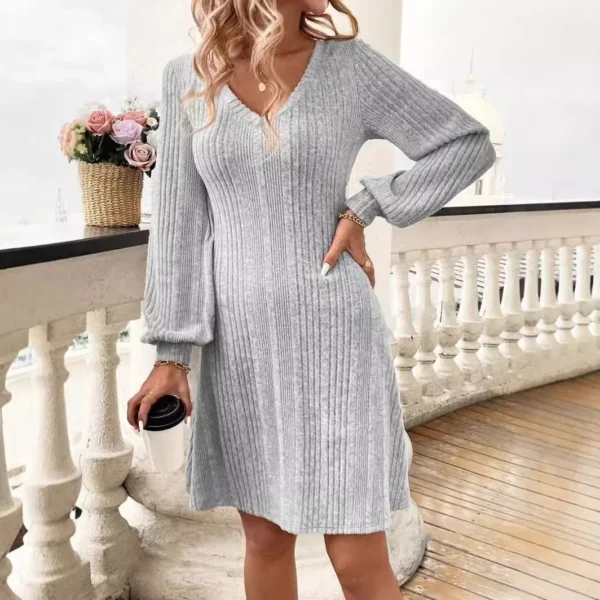 Sweater Dress: V-neck Slim Fit Knee Length - Image 4