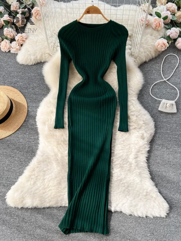 Sweater Dress Women Knit Maxi Slim - Image 2