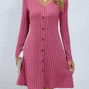 Fashion Ribbed Knitted Button Mini A-Line Autumn Streetwear Lady Dress