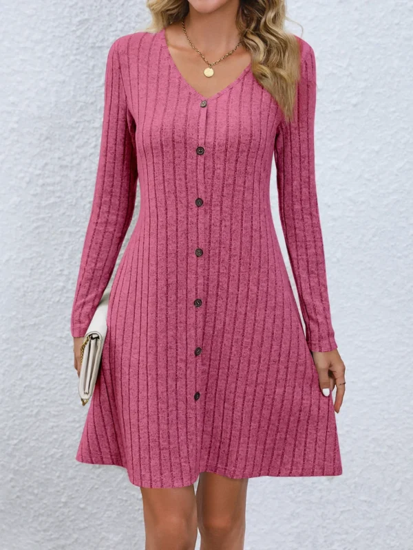 Fashion Ribbed Knitted Button Mini A-Line Autumn Streetwear Lady Dress