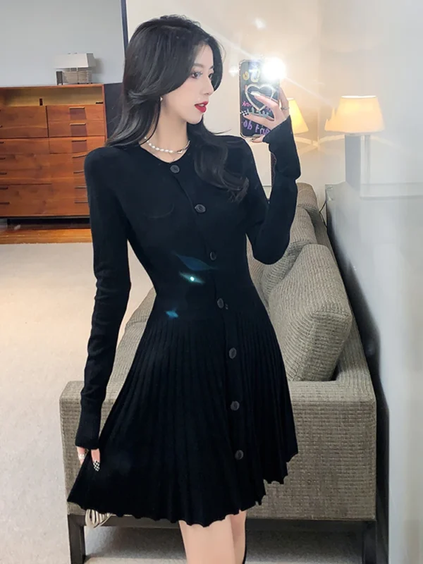 Sweater Dress Elegant Slim Fit Long Sleeve Pleated Skirt - Image 5