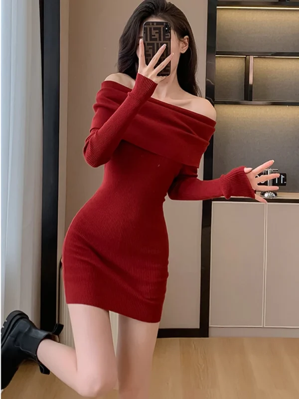 Red Off-Shoulder Sweater Dress for Women - Image 2