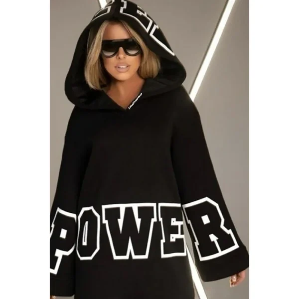 Plus Size Casual Loose Hoodie Dress Black Letter Print Sweatshirt - Image 2