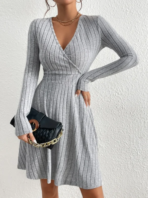 Sweater Dress V-Neck Long Sleeve Slim Bodycon Midi - Image 3
