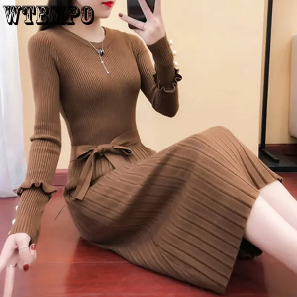 Sweater Dress Slim Belted Long Sleeve Pleated Women - Image 2