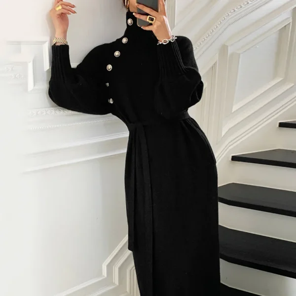 Sweater Dress - Vintage Button, Turtleneck, Loose Fit - Image 4