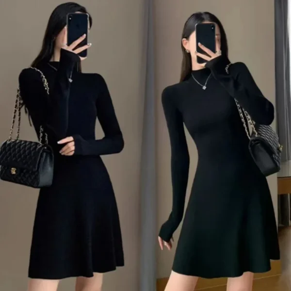 Women’s Knitted A-Line Mini Black Dress Slim Fit Winter Base Layer