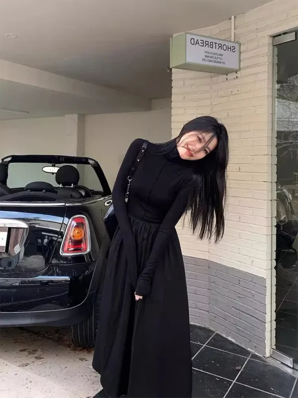 Sweater Dress Black Slim Fit Elegant Long Dress - Image 2
