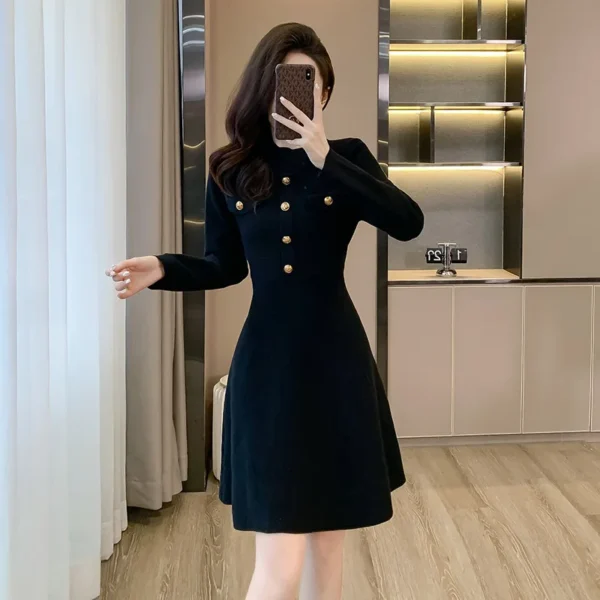 Sweater Dress Black A-Line Long Sleeve Buttons Elegant - Image 3
