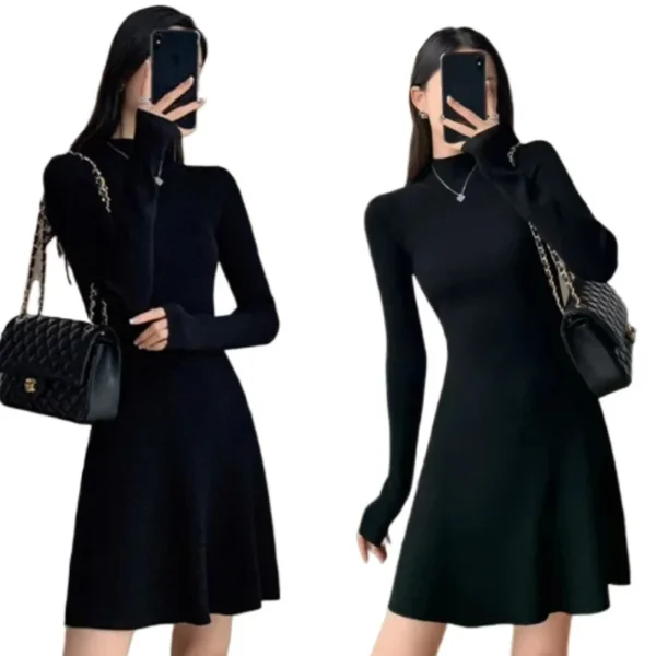 Women’s Knitted A-Line Mini Black Dress Slim Fit Winter Base Layer - Image 5