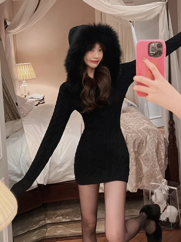 2025 Winter Hooded Knitted Faux Fur Slim Bodycon Mini Dress Elegant Korean - Image 4