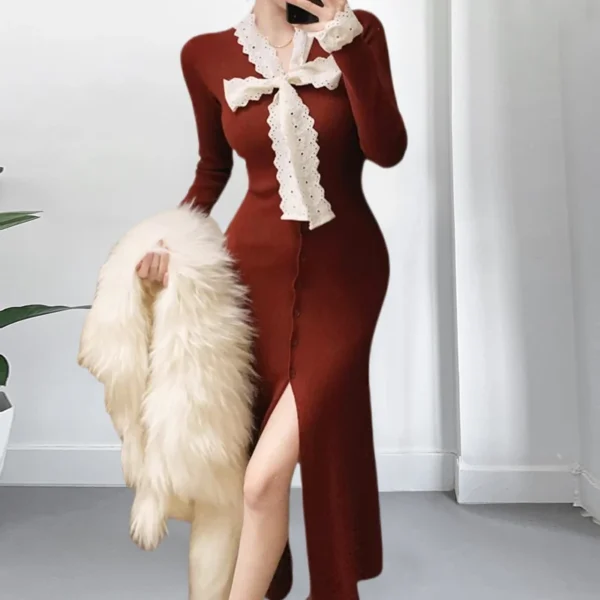 YuooMuoo Knitted Maxi Sweater Dress with Bow