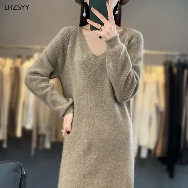 Sweater Dress - V-Neck Pure Wool Knit Jumper - Image 3