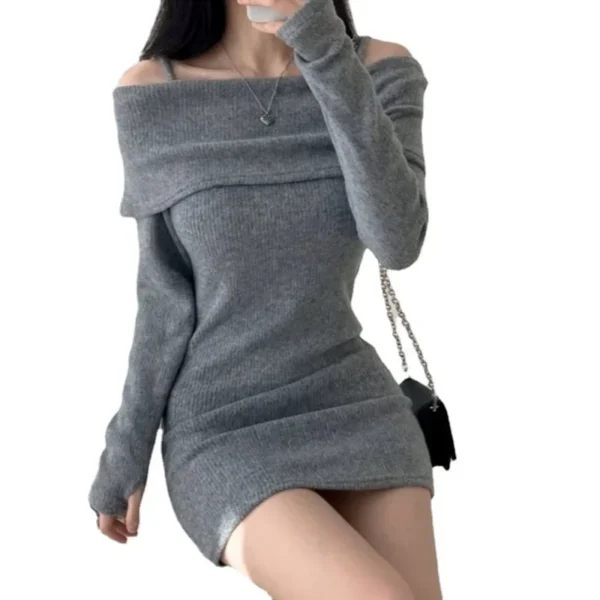 Sweater Dress Off Shoulder Suspender Slim Fit Mini Dress - Image 6