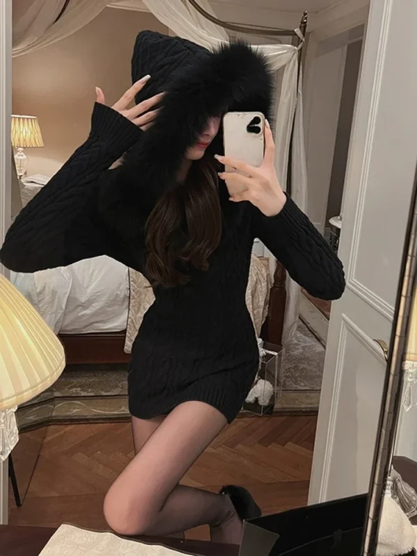 Sweater Dress with Hood, Slim Bodycon, Faux Fur, Mini - Image 5