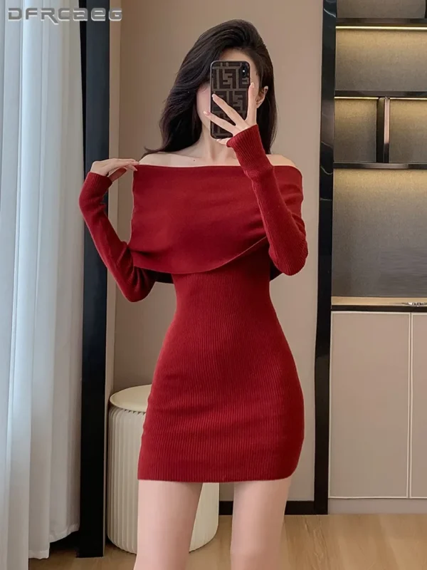 Red Off-Shoulder Sweater Dress for Women