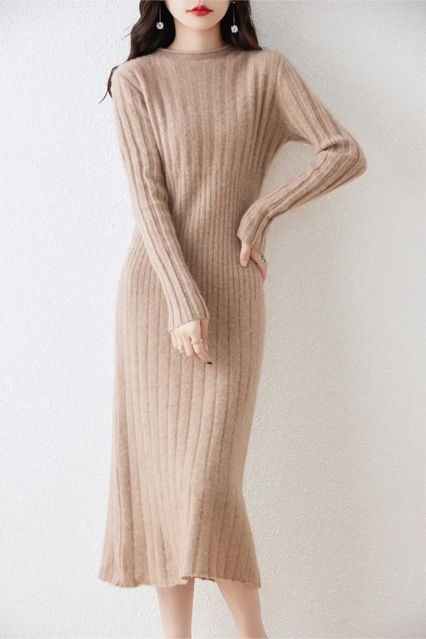 100% Merino Wool Long Sweater Dress Striped Pleated Skirt Pullover - Image 3
