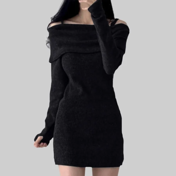 Sweater Dress Long Sleeve Mini Black Grey - Image 2