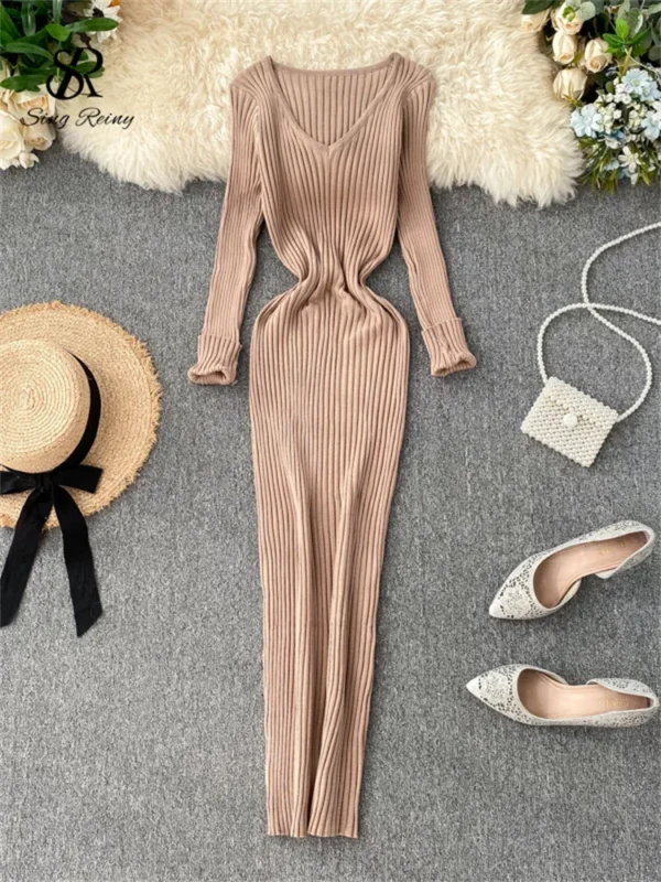 Sweater Dress V Neck Slim Elastic Long Winter Knit - Image 5