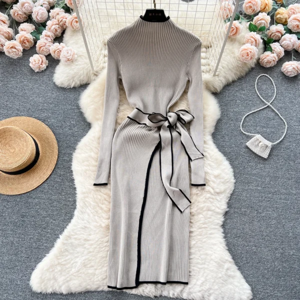 Sweater Dress - Slim Lace-Up Knitted Elegant Style - Image 2