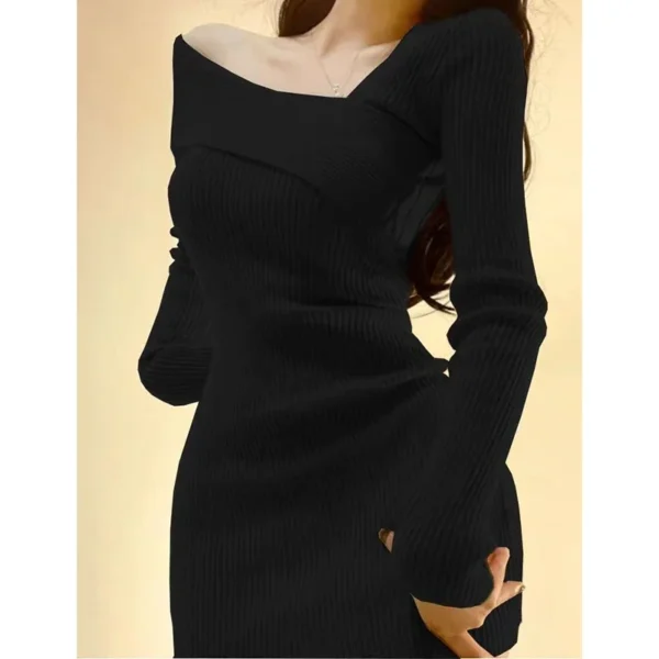 Sweater Dress Off Shoulder Long Sleeve Stretchy Chic - Image 3