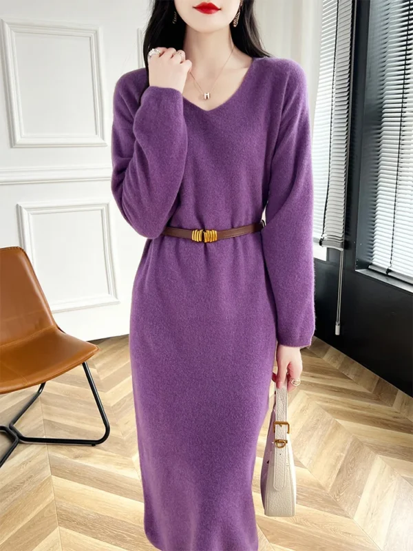 Sweater Dress: 100% Merino Wool V-Neck Long Dress - Image 3