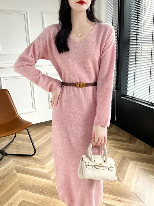 Sweater Dress: 100% Merino Wool V-Neck Long Dress - Image 5