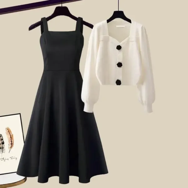 Fashion Spring Knitting Dresses Set With Cardigan For Women - Black