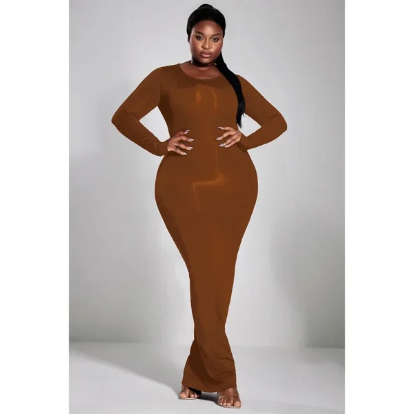 Plus Size Casual Black Knitted Maxi Dress Long Sleeve Slim Fit Dress - Image 4