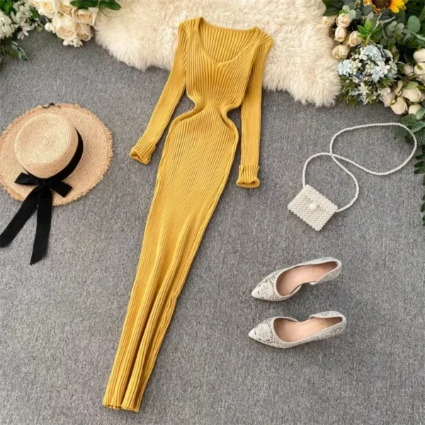 Sweater Dress V Neck Long Sleeve Slim Fit - Image 4