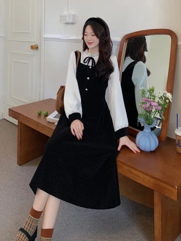 Sweater Dress A-Line Patchwork Long Sleeve Elegant - Image 3