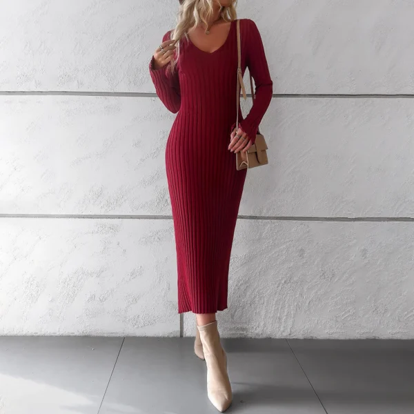 Sweater Dress: V-neck, Long Sleeve, Slim-fit - Image 3