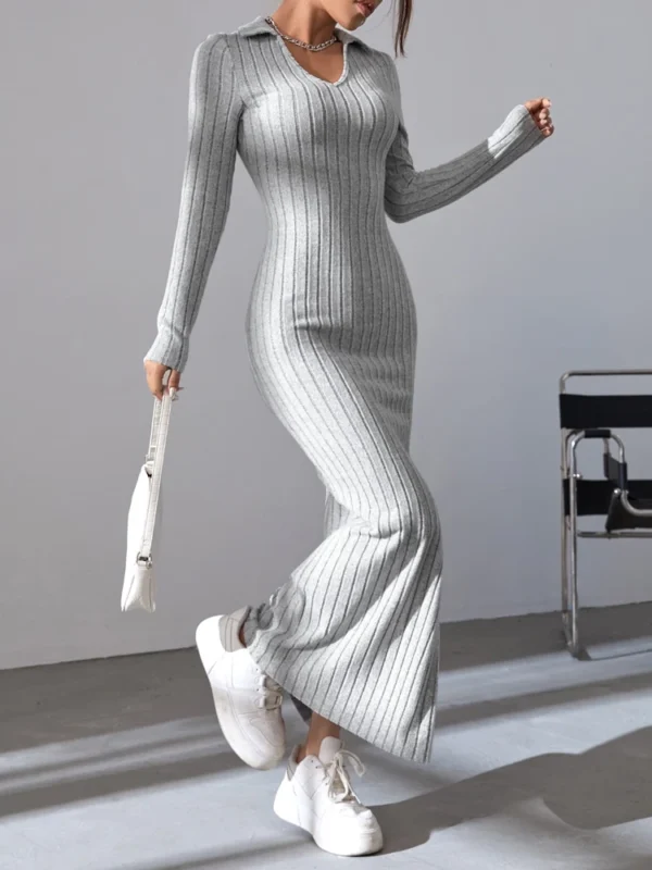 Sweater Dress V-Neck Full Sleeve Split Elastic Body - Image 2