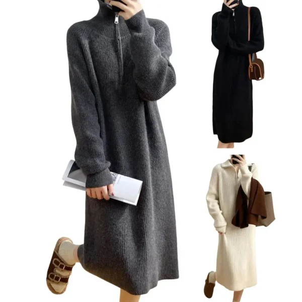 Sweater Dress Knitted Midi with Zippered Collar - Image 5
