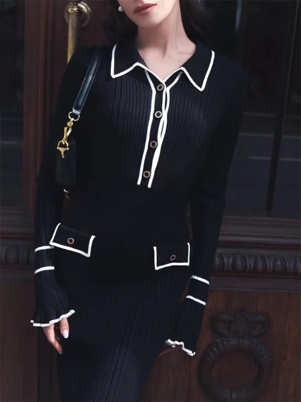 Sweater Dress High Waist Ruffles Turn-Down Collar - Image 5