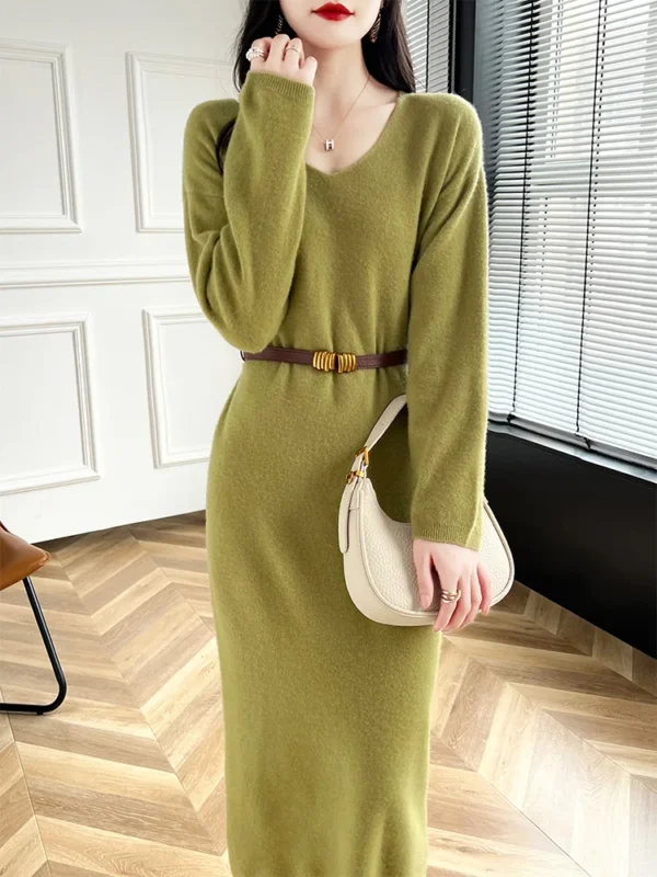 Sweater Dress: 100% Merino Wool V-Neck Long Dress - Image 4