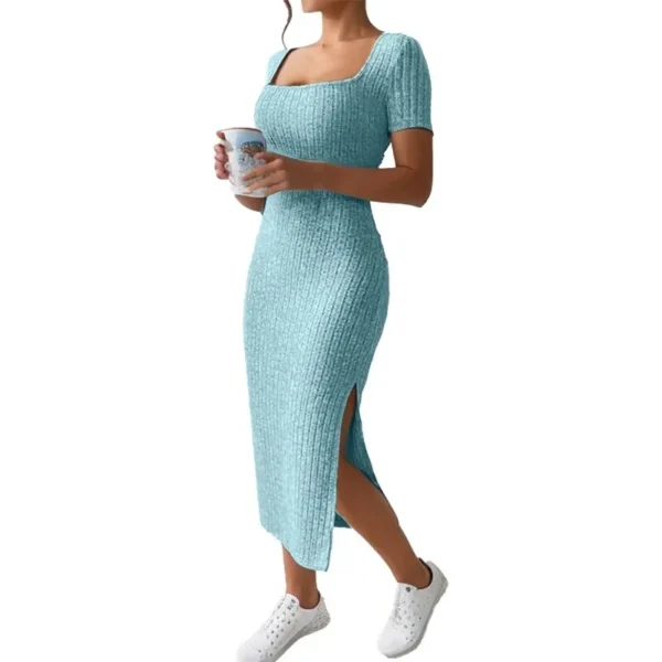Sweater Dress: Short Sleeve Bodycon Ribbed Knit Midi Dress - Image 4